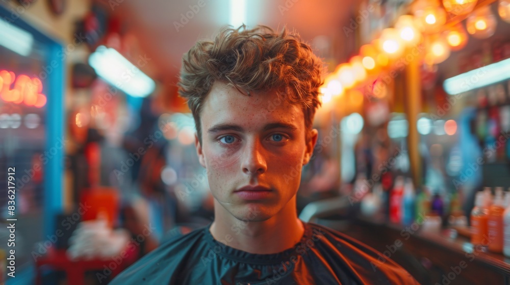 A young man getting a haircut at a salon with a colorful, blurry background. A young man getting a haircut at a salon with a colorful, blurry background.