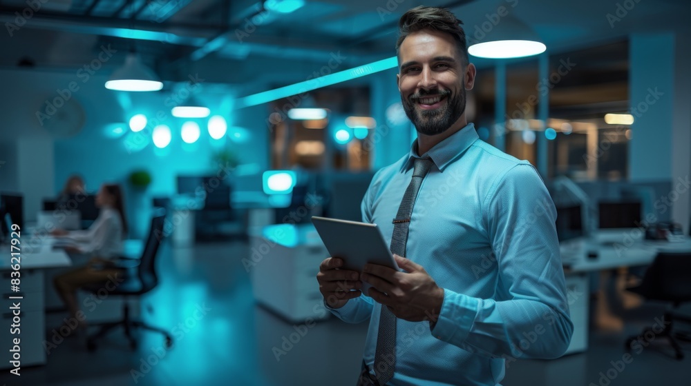 Confident businessman with a digital tablet smiling in a modern office at night. Confident businessman with a digital tablet smiling in a modern office at night.