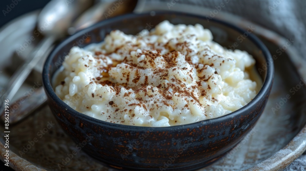 Traditional Portuguese rice pudding in a bowl, sprinkled with cinnamon, ready to eat. Traditional Portuguese rice pudding in a bowl, sprinkled with cinnamon, ready to eat.