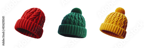 Colorful wool beanies hats set of against a Transparent background for Christmas festival