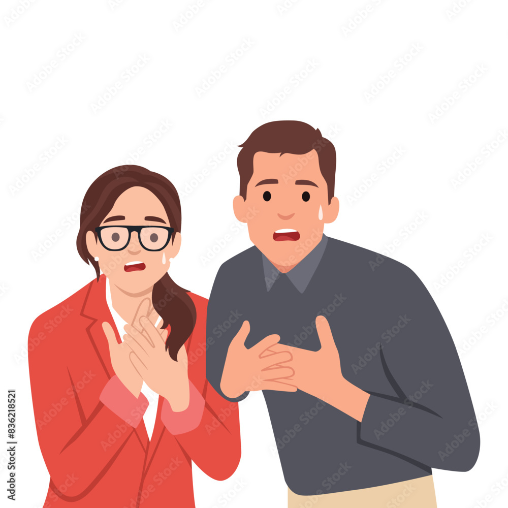Shocked surprised amazed couple looking at camera with open mouth shouting. Flat vector illustration isolated on white background Shocked surprised amazed couple looking at camera with open mouth shouting. Flat vector illustration isolated on white background