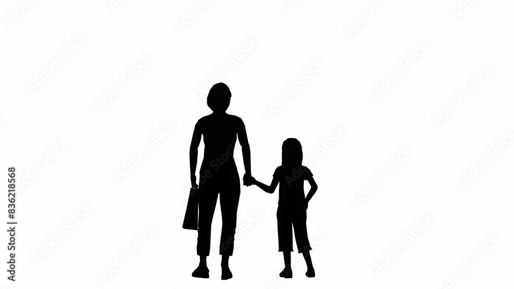 silhouette of an adult woman carrying a bag holding a small child silhouette of an adult woman carrying a bag holding a small child