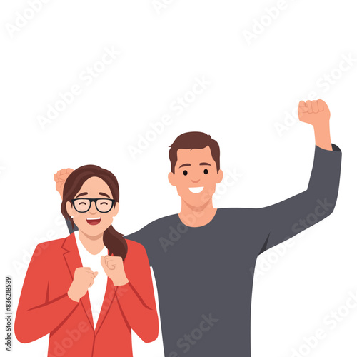 Young couple doing winner gesture celebrate clench fists say yes. Flat vector illustration isolated on white background