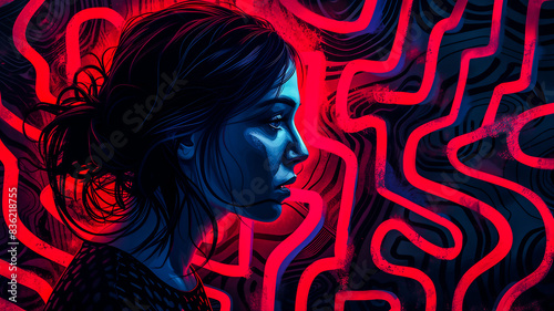 Surreal stressed woman suffered from mental illness like she is in maze ,overthinking,anxiety,mental illness concept..