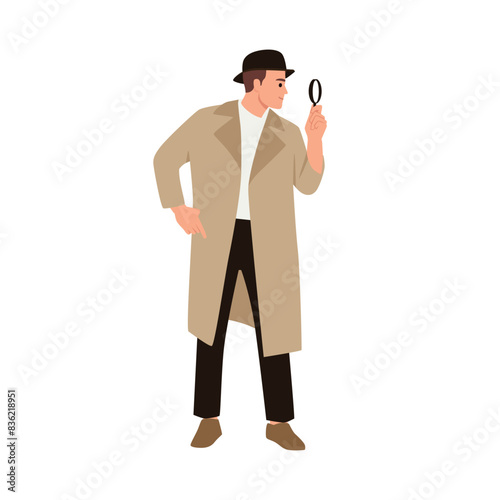 Young detective with magnifying glass. Flat vector illustration isolated on white background