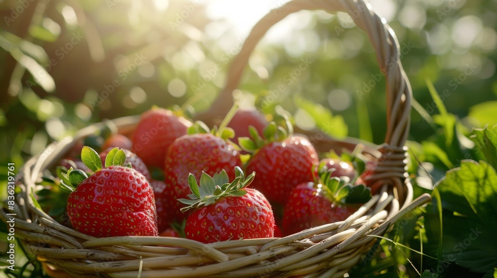 A basket filled with ripe strawberries basks in the warm sunlight amidst verdant leaves. A basket filled with ripe strawberries basks in the warm sunlight amidst verdant leaves.