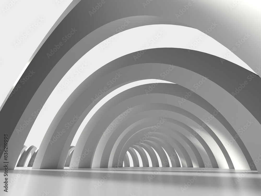 Obraz premium 光が差し込む白いアーチの回廊の3Dイラスト