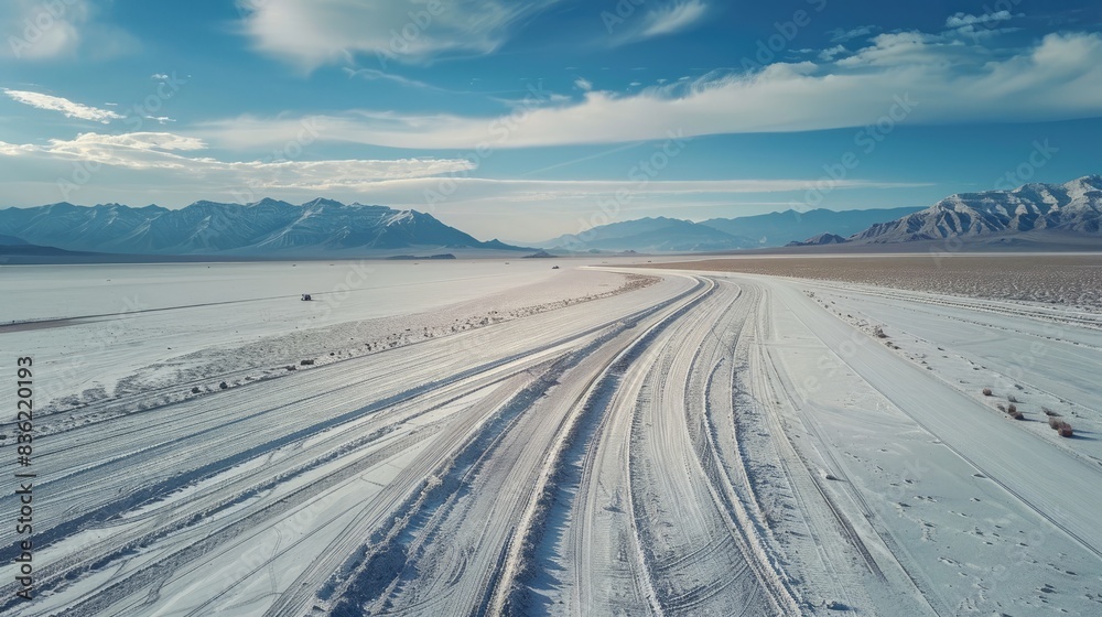 Multiple tracks visible in aerial image of Bonneville Salt Flats race track Multiple tracks visible in aerial image of Bonneville Salt Flats race track