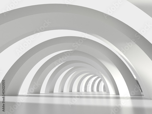 光が差し込む白いアーチの回廊の3Dイラスト