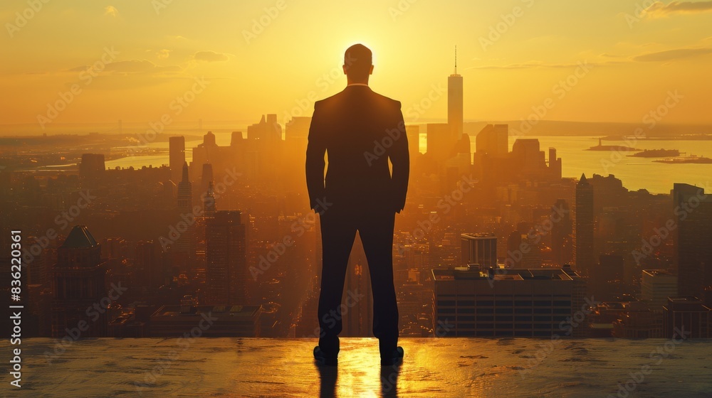 Silhouette of a businessman standing before a city skyline at sunset, with warm hues in the sky.