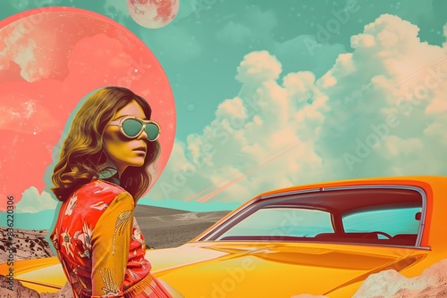 Retro 70s Woman with Vintage Car: Nostalgic Travel Collage