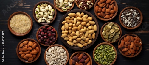 A variety of nuts like almonds, hazelnuts, cashews, peanuts, and brazil nuts arranged on a wooden surface with room for text or other images, known as a copy space image.