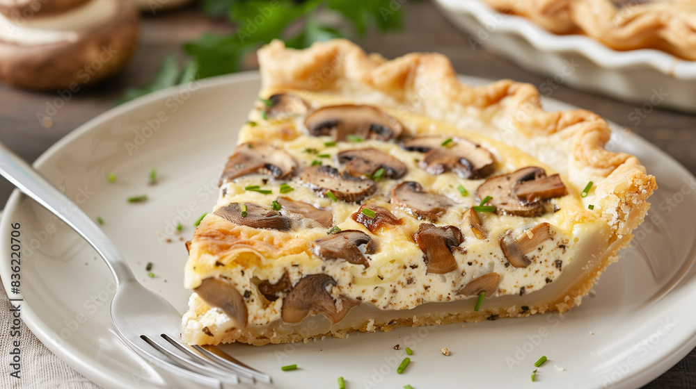 Gluten free mushroom quiche pie on a white plate with a fork close up mockup Gluten free mushroom quiche pie on a white plate with a fork close up mockup