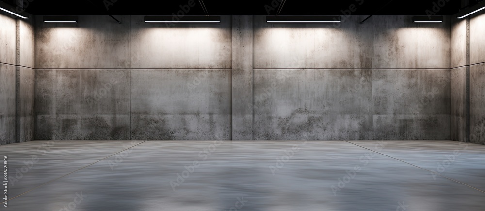 Empty garage interior with a dark concrete wall and a plain floor, perfect for a copy space image.