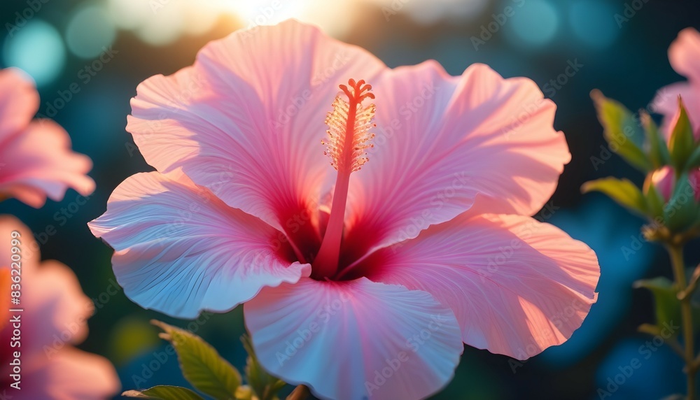 A single blooming pink hibiscus flower in sharp focus, illuminated by the golden rays of the setting sun, with a blurred background of a field dotted with soft pink hibiscus flowers. A single blooming pink hibiscus flower in sharp focus, illuminated by the golden rays of the setting sun, with a blurred background of a field dotted with soft pink hibiscus flowers.