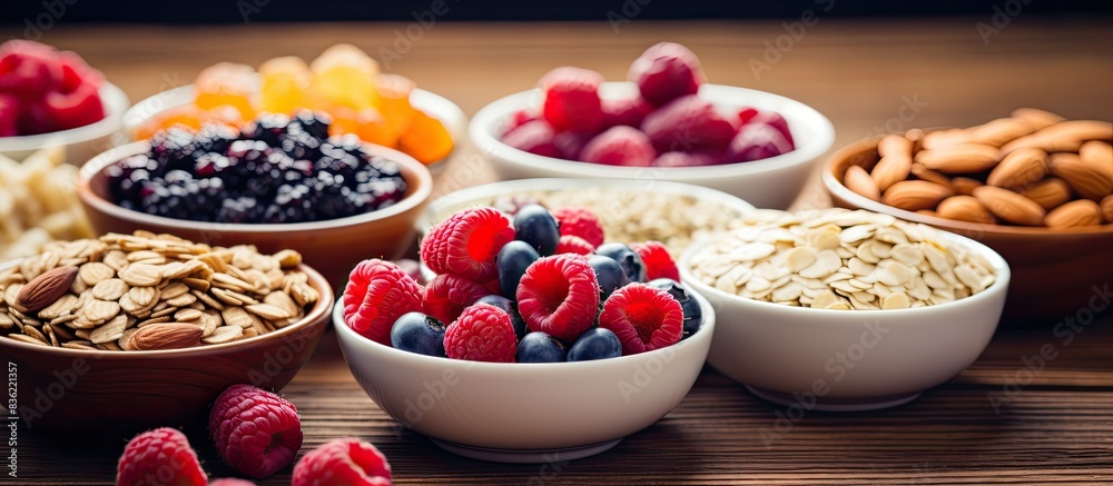 A selection of breakfast dishes featuring nuts and granola in petite bowls, perfect for a copy space image. A selection of breakfast dishes featuring nuts and granola in petite bowls, perfect for a copy space image.