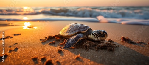 A baby sea turtle moving towards the ocean on a volcanic beach at sunset, with a focus on conservation and preservation of endangered marine species, providing room for a copy space image.