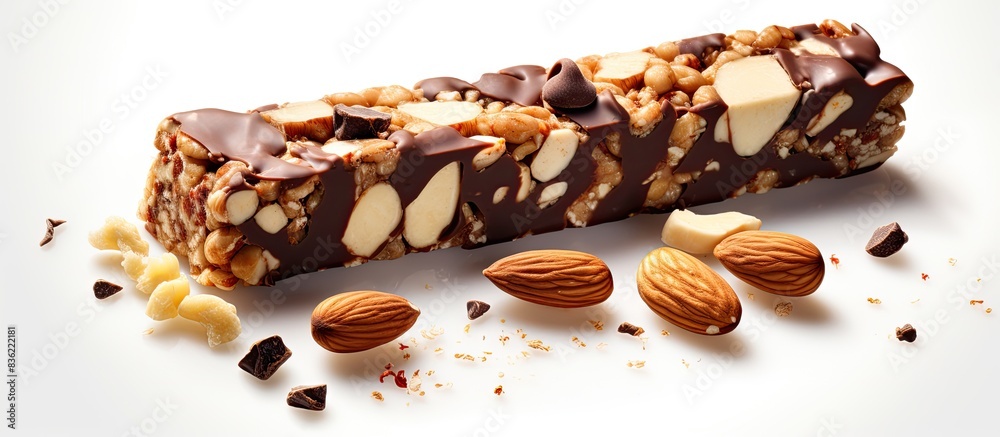 Fototapeta premium Two chocolate protein bars displayed on a white background with ample copy space image.