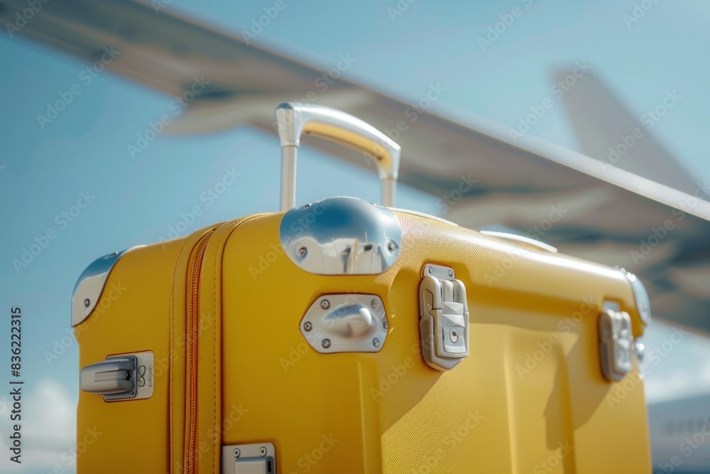 Travel in style vibrant yellow suitcase on airplane wing against blue sky background Travel in style vibrant yellow suitcase on airplane wing against blue sky background