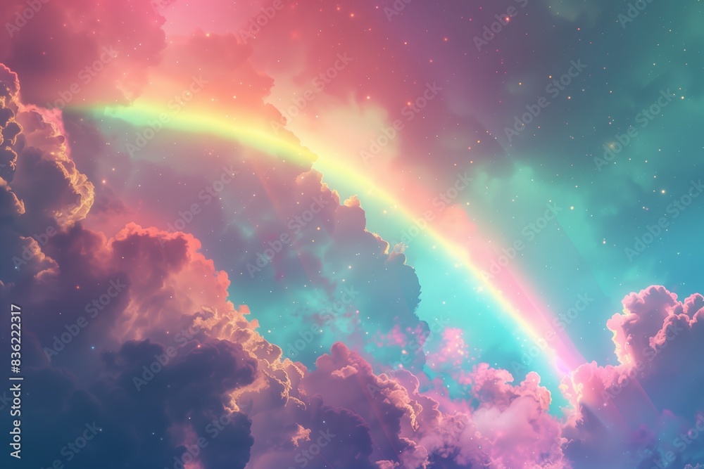 Vibrant Rainbow Illustration Floating Among Clouds Vibrant Rainbow Illustration Floating Among Clouds