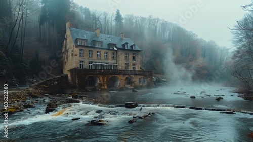 A mystical villa beside a river in Treseburg, Germany, surrounded by foggy forest ambiance. photo