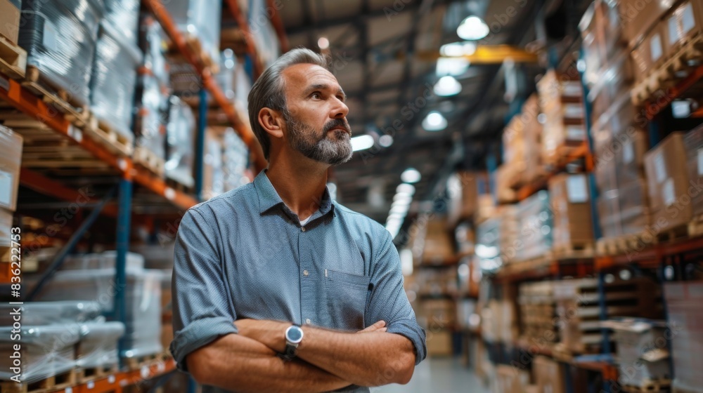 A mature businessman with a beard looks confidently in a warehouse, arms crossed, with shelves in the background. A mature businessman with a beard looks confidently in a warehouse, arms crossed, with shelves in the background.