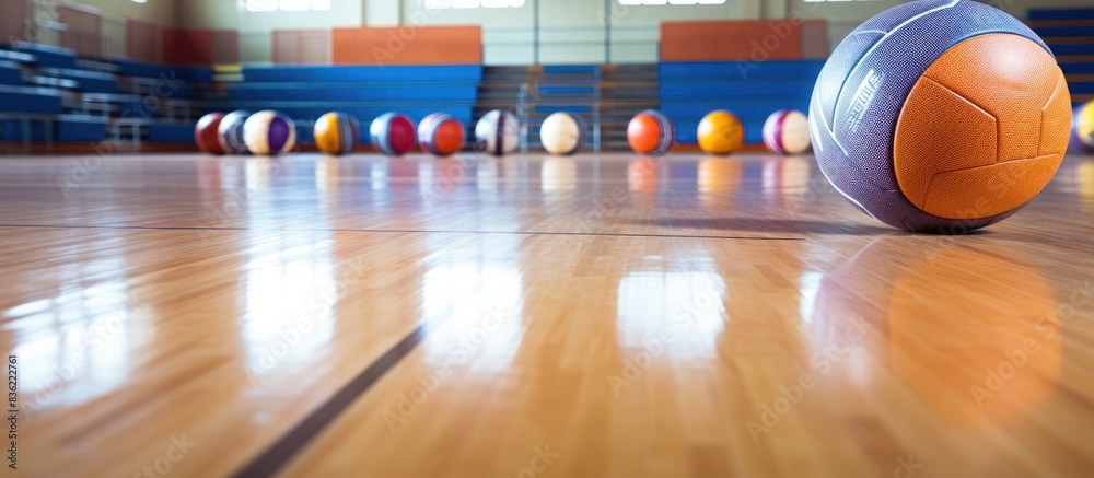 Young child training in futsal, playing indoor soccer with a ball in a sports hall for a copy space image. Young child training in futsal, playing indoor soccer with a ball in a sports hall for a copy space image.