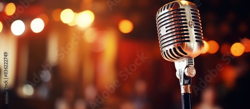 Retro microphone for karaoke or concerts on a blurred backdrop with an artistic feel, suitable for copy space image. © Ilgun