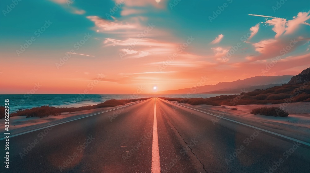 Endless Highway Along the Coast at Sunset with Vibrant Sky and Clouds Endless Highway Along the Coast at Sunset with Vibrant Sky and Clouds
