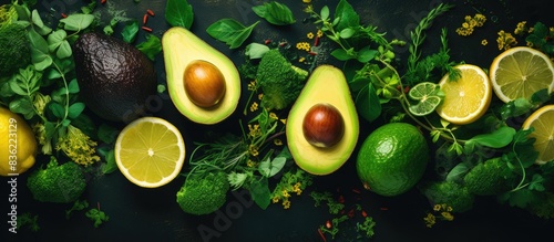 Avocado halves presented with lime slices and baby spinach leaves on a grey concrete  stone  or slate surface from a top-down perspective  showcasing an area for additional text or graphics.
