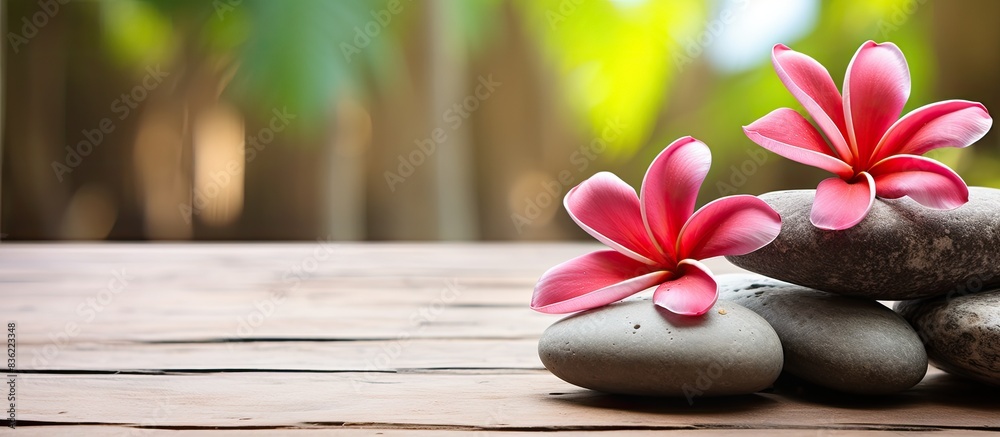 Zen stones and a red plumeria flower symbolizing harmony and inner peace against a blurred background, embodying holistic well-being of body, mind, and soul in a copy space image. Zen stones and a red plumeria flower symbolizing harmony and inner peace against a blurred background, embodying holistic well-being of body, mind, and soul in a copy space image.