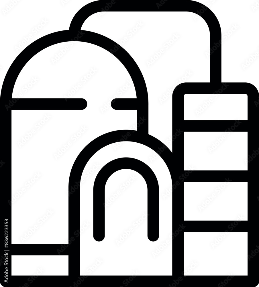 Black line art icon representing an industrial factory with smokestacks