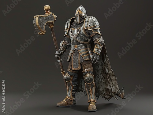 A 3D render of a medieval warrior action figure with a mace photo