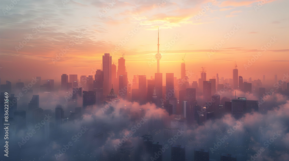 Photo realistic city skyline with smog and pollution illustrating urban pollution from climate change. Ideal for environmental and urban planning ads. Photo Stock Photo realistic city skyline with smog and pollution illustrating urban pollution from climate change. Ideal for environmental and urban planning ads. Photo Stock