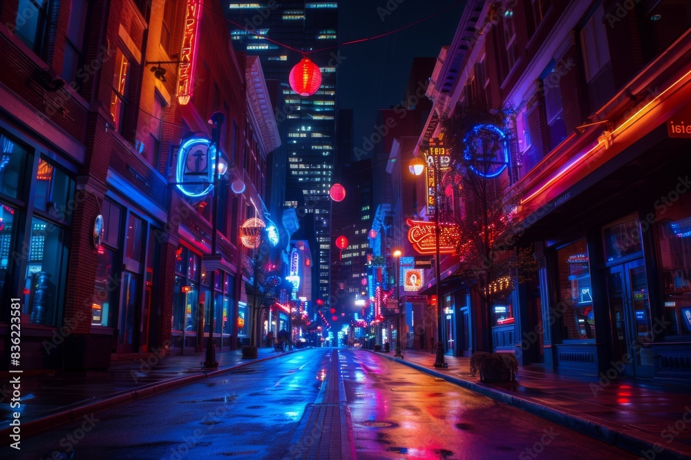 Night neon street at city downtown. Cityscape on dark background with bright and glowing neon lights Night neon street at city downtown. Cityscape on dark background with bright and glowing neon lights