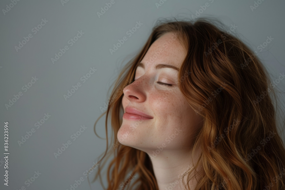 A close up of a woman's face with her eyes closed looking to a side A close up of a woman's face with her eyes closed looking to a side