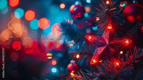 A close-up of a red star-shaped ornament hanging on a Christmas tree, with bokeh lights in the background.