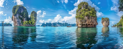 panoramic view of tropical island with rock spires and lagoon