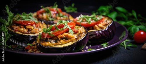 Eggplant baked with tomatoes  garlic  and paprika  with a background suitable for adding text or graphic elements - a copy space image.