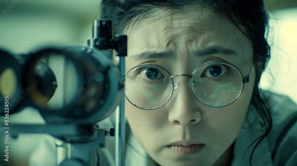 A female optometrist attentively conducts an eye examination, using specialized equipment. A female optometrist attentively conducts an eye examination, using specialized equipment.