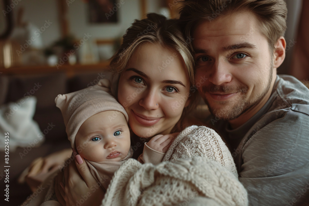 A happy mother and father holding their newborn baby, parenthood concept A happy mother and father holding their newborn baby, parenthood concept