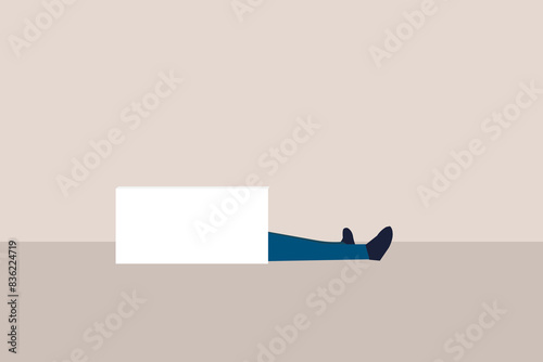 Unhappy businessman hide his body in box feel ashamed of people or society struggle with business failure or loss
