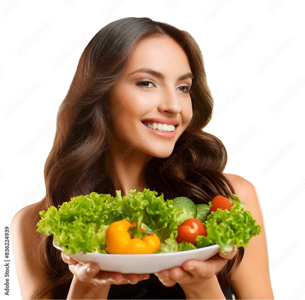 Smiling woman holding a bowl of fresh vegetables including lettuce, tomatoes, and bell peppers, promoting healthy eating and lifestyle. Smiling woman holding a bowl of fresh vegetables including lettuce, tomatoes, and bell peppers, promoting healthy eating and lifestyle.