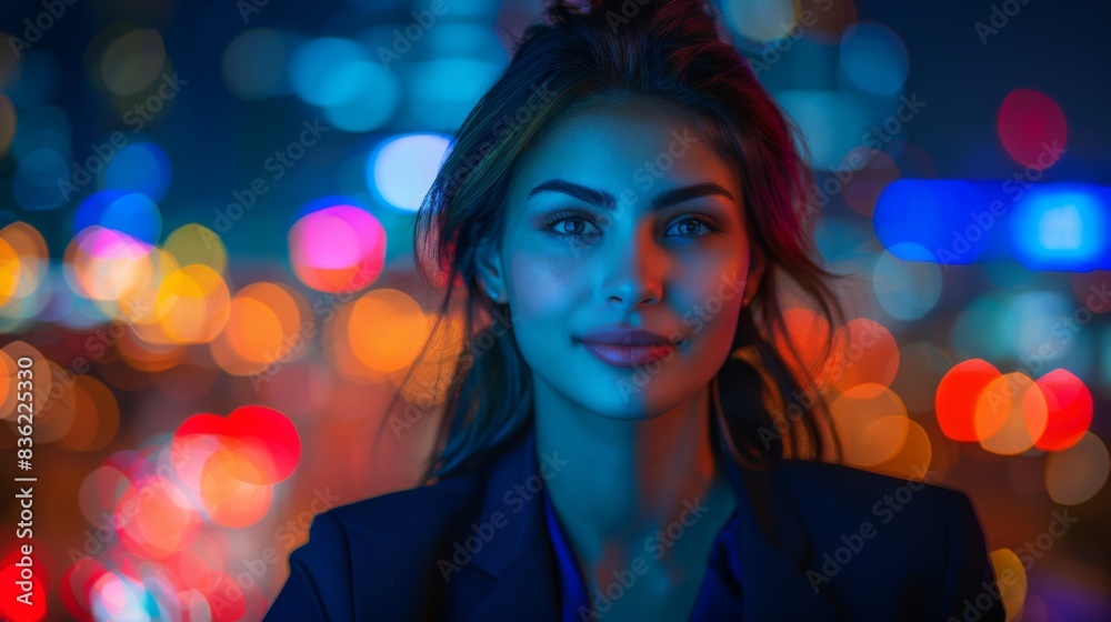 A smiling young businesswoman with a colorful bokeh background, possibly working or socializing online. A smiling young businesswoman with a colorful bokeh background, possibly working or socializing online.