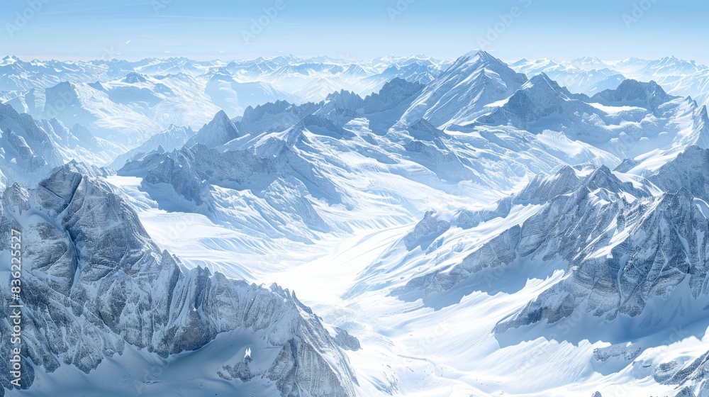 Aerial view of a glacial landscape showing the intricate patterns of frozen terrain and snow-capped peaks under a clear blue sky. Aerial view of a glacial landscape showing the intricate patterns of frozen terrain and snow-capped peaks under a clear blue sky.