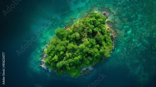Aerial view of a lush tropical island with crystal clear waters and a vibrant coral reef.