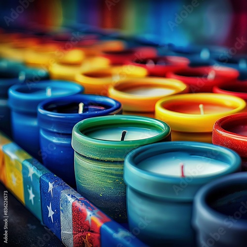 A line of scented candles that come in containers with the American flag, where each scent represents a different state or region photo