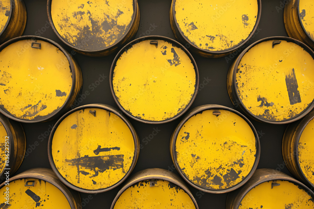 close-up view of yellow barrels showing signs of wear and tear arranged in a grid pattern creating a textured industrial visual close-up view of yellow barrels showing signs of wear and tear arranged in a grid pattern creating a textured industrial visual