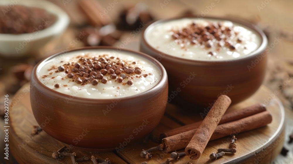 Traditional Portuguese rice pudding, arroz doce, garnished with cinnamon, served in wooden bowls. Traditional Portuguese rice pudding, arroz doce, garnished with cinnamon, served in wooden bowls.