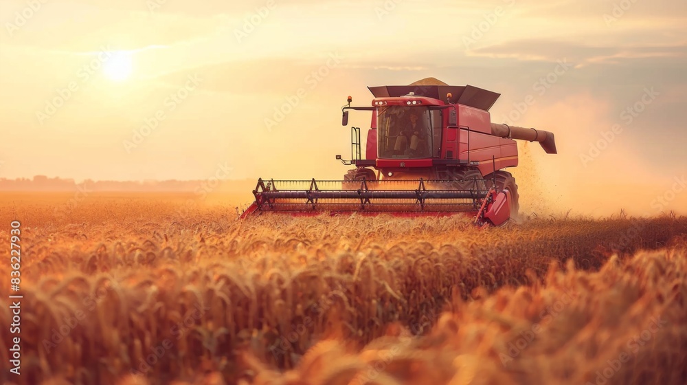 Fototapeta premium A combine harvester working in a golden soybean field at sunset with dust in the air.